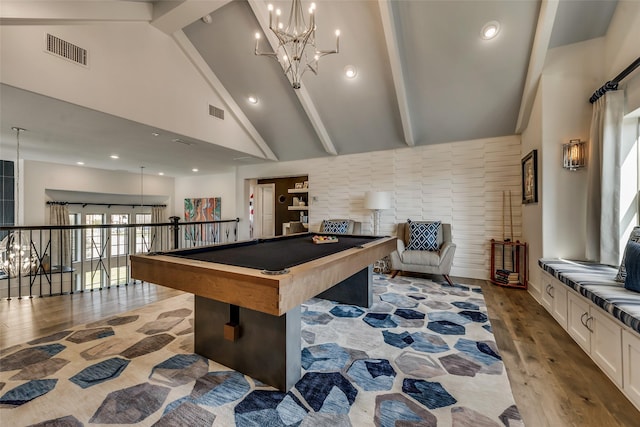 rec room featuring high vaulted ceiling, beamed ceiling, light hardwood / wood-style floors, and pool table