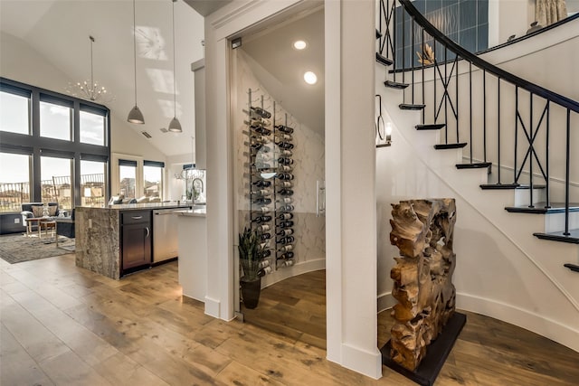 wine cellar with a chandelier, high vaulted ceiling, and light hardwood / wood-style flooring