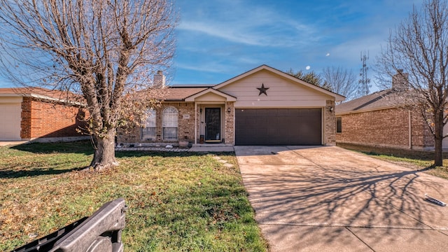 single story home featuring a front yard and a garage