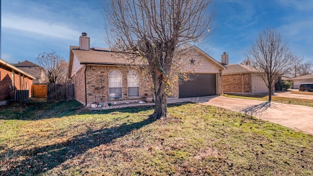 single story home with a garage, a front yard, and central air condition unit