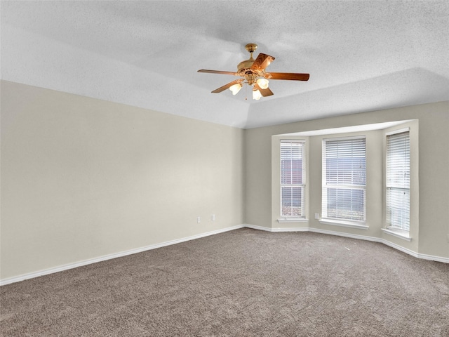 unfurnished room featuring carpet flooring, ceiling fan, a textured ceiling, and a wealth of natural light