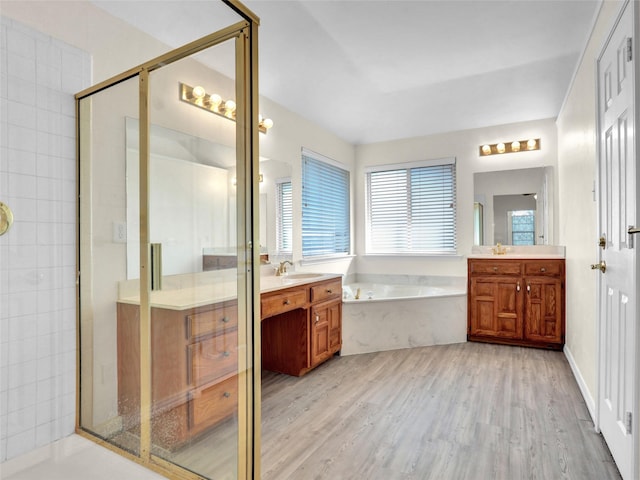 bathroom with separate shower and tub, vanity, and wood-type flooring