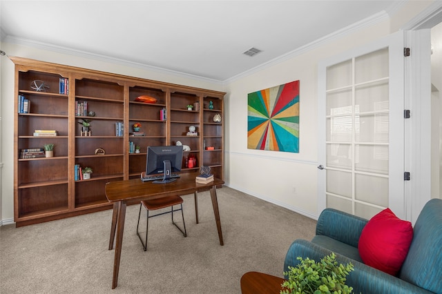 office area featuring ornamental molding and light colored carpet