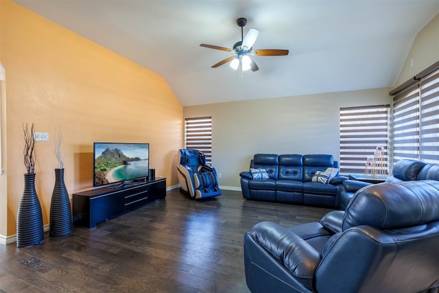 living room with dark wood-type flooring, lofted ceiling, and ceiling fan