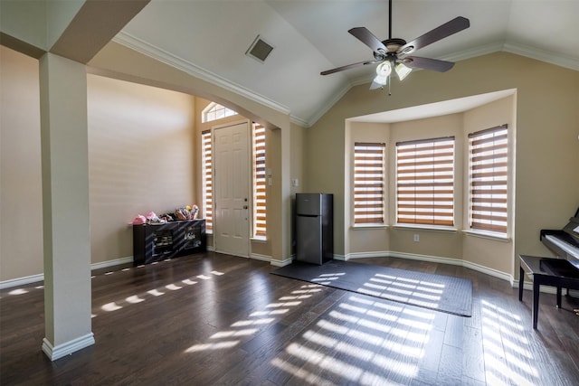 home office with ceiling fan, vaulted ceiling, dark wood-type flooring, and crown molding