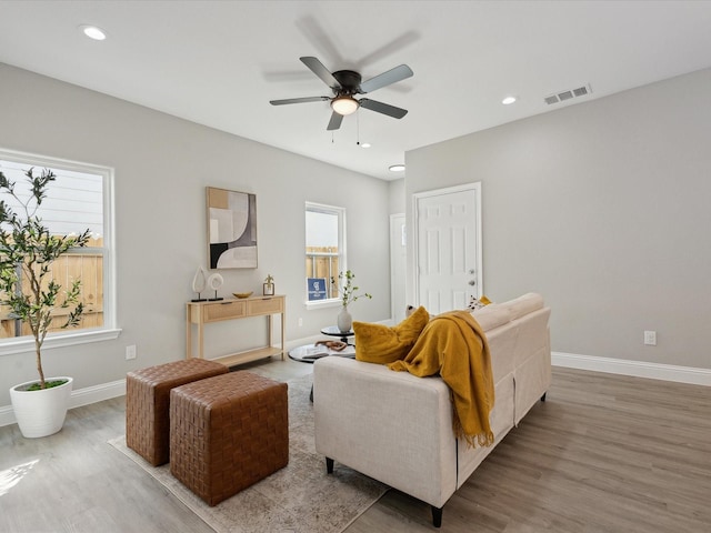 living room with hardwood / wood-style flooring and ceiling fan