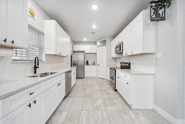 kitchen with tasteful backsplash, white cabinetry, sink, and stainless steel appliances