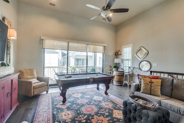 game room with ceiling fan, dark hardwood / wood-style floors, and pool table