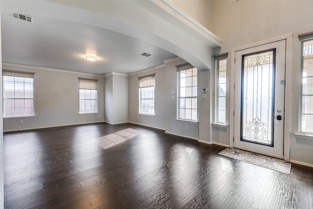 foyer entrance with dark hardwood / wood-style floors, a healthy amount of sunlight, and ornamental molding