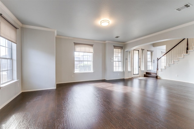 unfurnished room with dark wood-type flooring and ornamental molding