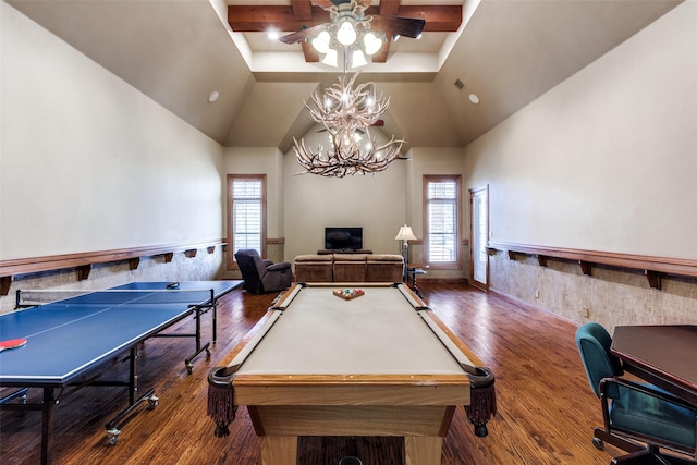 game room with ceiling fan with notable chandelier, pool table, high vaulted ceiling, and hardwood / wood-style floors