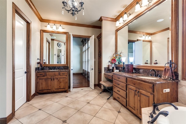 bathroom featuring crown molding, a tub to relax in, vanity, and tile patterned floors