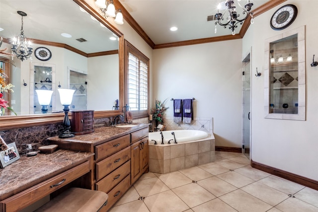 bathroom featuring independent shower and bath, tile patterned flooring, ornamental molding, vanity, and an inviting chandelier