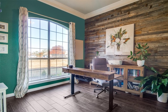 office area featuring ornamental molding, dark hardwood / wood-style floors, and wooden walls