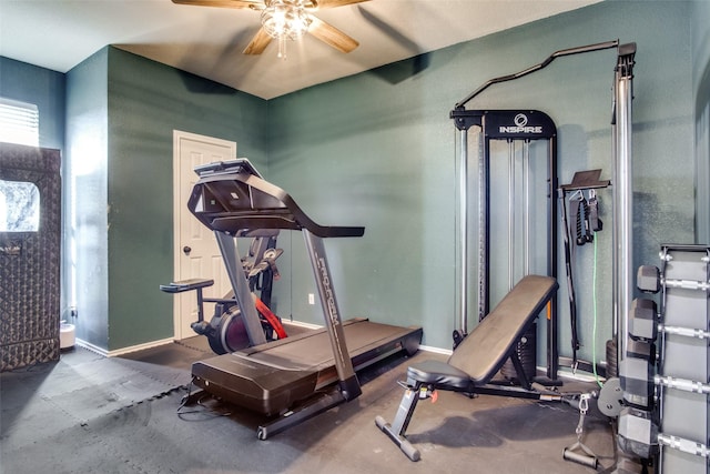 workout area featuring ceiling fan