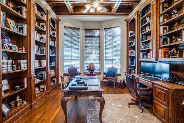 office featuring beam ceiling, coffered ceiling, hardwood / wood-style floors, and ceiling fan