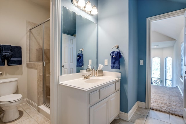 bathroom with walk in shower, tile patterned floors, toilet, and vanity