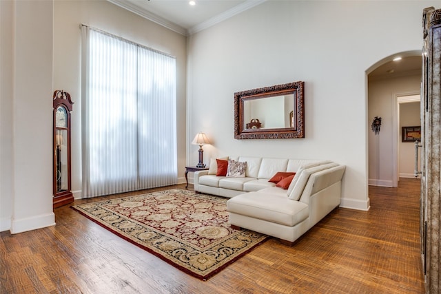 living room featuring ornamental molding and dark hardwood / wood-style flooring