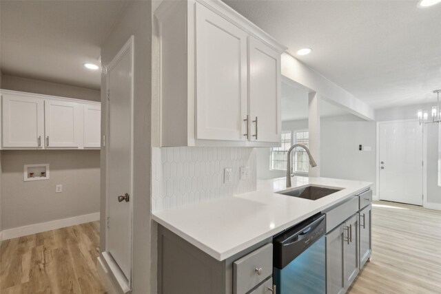 kitchen with gray cabinets, tasteful backsplash, white cabinetry, sink, and stainless steel dishwasher