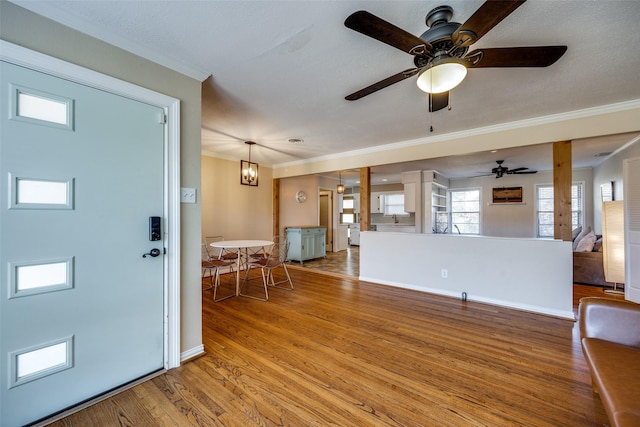 foyer featuring hardwood / wood-style flooring, ornamental molding, and sink