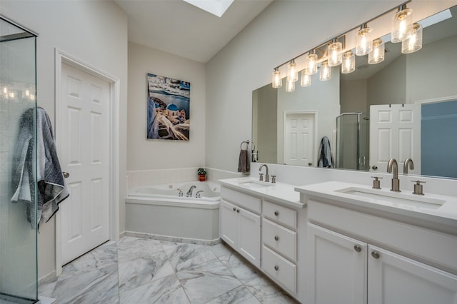 bathroom with vanity, plus walk in shower, and lofted ceiling with skylight