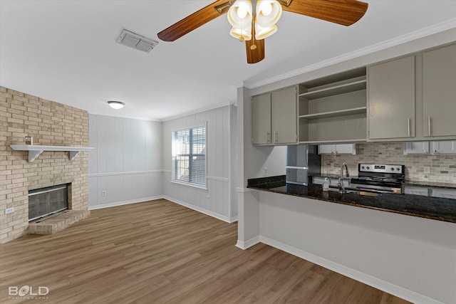 kitchen with stainless steel electric stove, gray cabinetry, sink, and ornamental molding