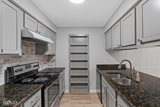 kitchen featuring ornamental molding, sink, dark stone counters, and electric stove