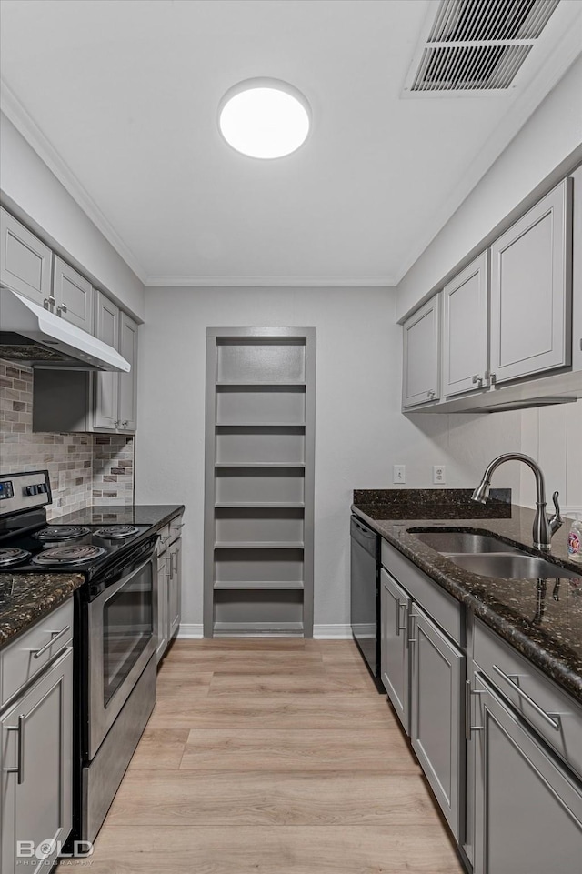 kitchen featuring black dishwasher, stainless steel electric stove, dark stone counters, and sink