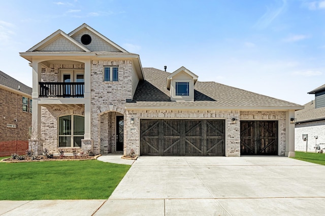 view of front facade featuring a shingled roof, a front yard, a garage, a balcony, and driveway