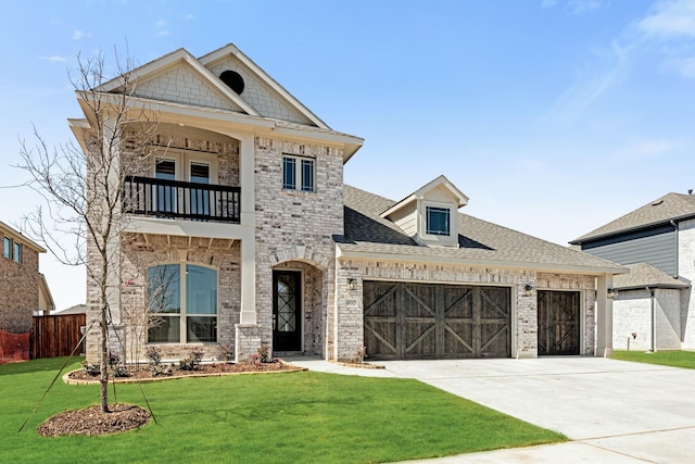 view of front facade featuring a balcony, an attached garage, a shingled roof, a front lawn, and concrete driveway