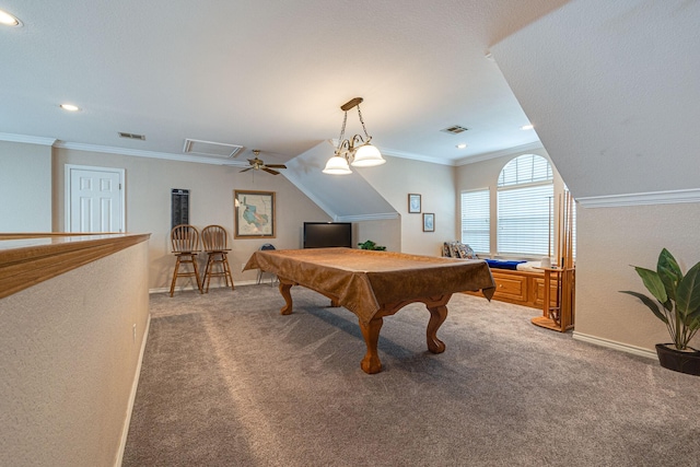 game room with crown molding, pool table, and carpet