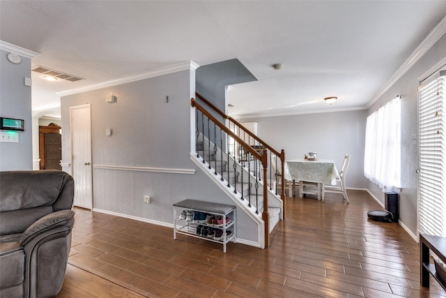 living room with crown molding