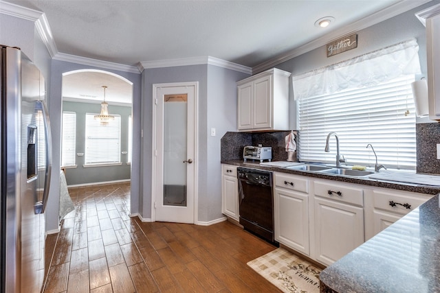 kitchen with white cabinetry, sink, black dishwasher, dark hardwood / wood-style floors, and stainless steel refrigerator with ice dispenser