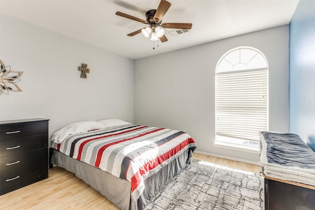 bedroom featuring ceiling fan and light hardwood / wood-style floors