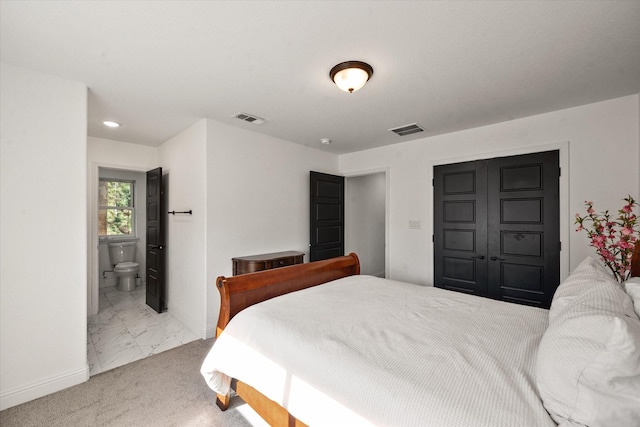 bedroom with marble finish floor, light colored carpet, visible vents, and baseboards