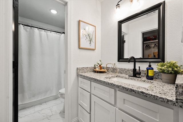 full bathroom with marble finish floor, visible vents, toilet, vanity, and a shower with curtain