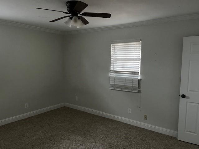 carpeted empty room with ceiling fan and ornamental molding