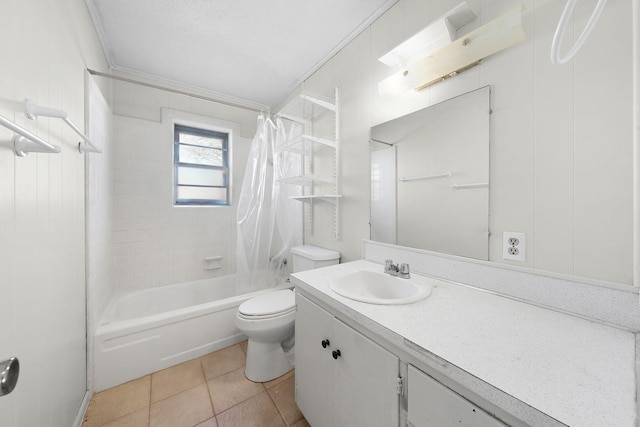 full bathroom featuring tile patterned floors, vanity, crown molding, shower / bathtub combination with curtain, and toilet