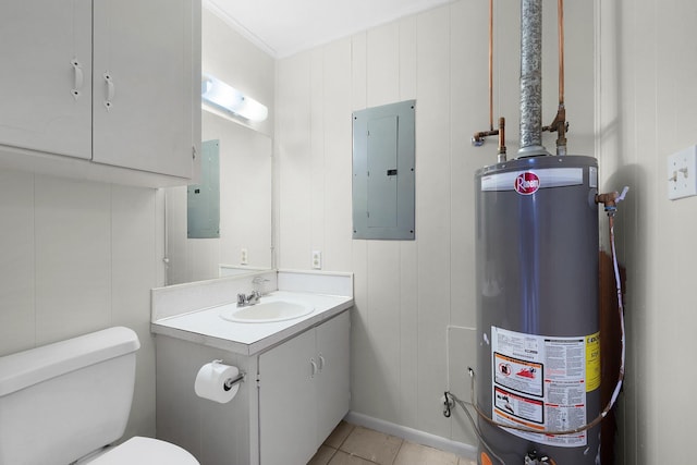 bathroom with tile patterned floors, vanity, water heater, electric panel, and toilet