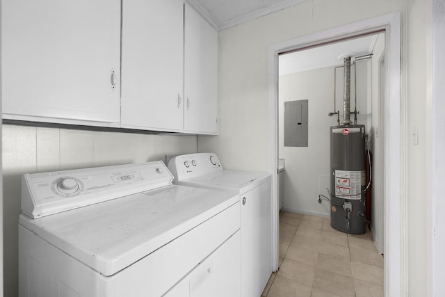 laundry room with cabinets, separate washer and dryer, water heater, electric panel, and light tile patterned flooring