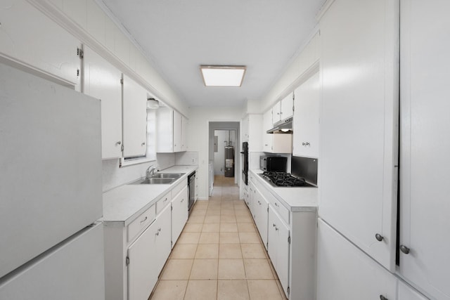 kitchen with white cabinetry, sink, water heater, light tile patterned floors, and black appliances