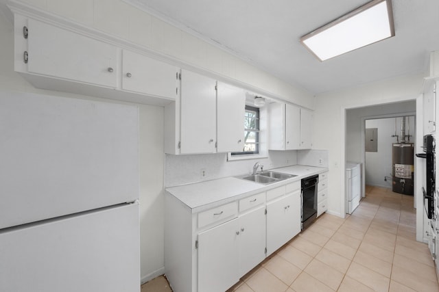 kitchen with white cabinetry, dishwasher, sink, water heater, and white fridge