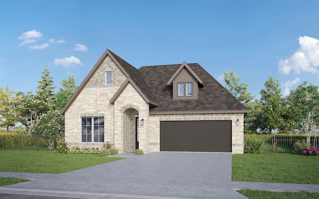 view of front of home with fence, driveway, and a front lawn