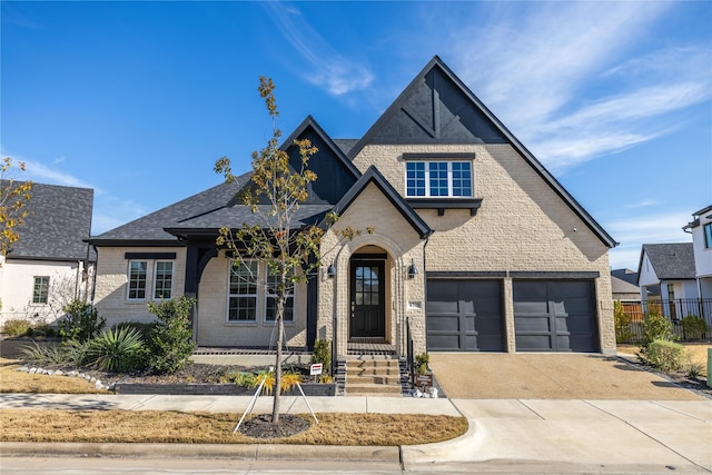 view of front of house with brick siding, driveway, and fence