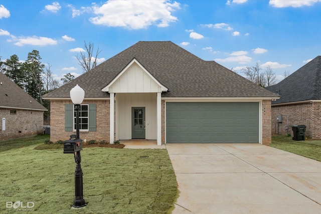 view of front facade featuring an attached garage, brick siding, driveway, roof with shingles, and a front yard