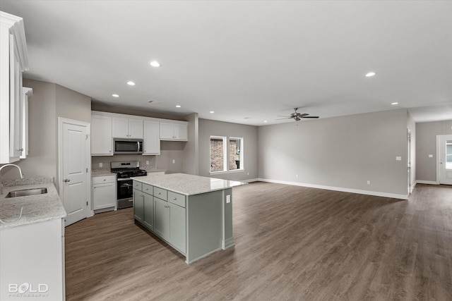 kitchen featuring wood finished floors, appliances with stainless steel finishes, a sink, and recessed lighting