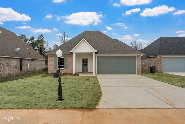 view of front of property featuring driveway, roof with shingles, an attached garage, a front yard, and brick siding