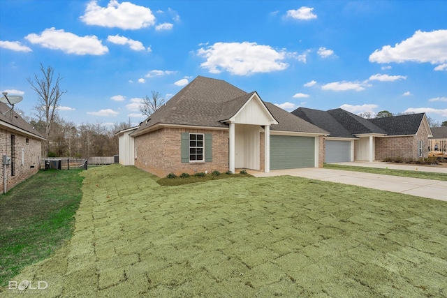 ranch-style home with an attached garage, brick siding, driveway, roof with shingles, and a front lawn