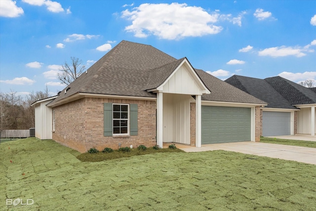 ranch-style home featuring an attached garage, brick siding, concrete driveway, and roof with shingles