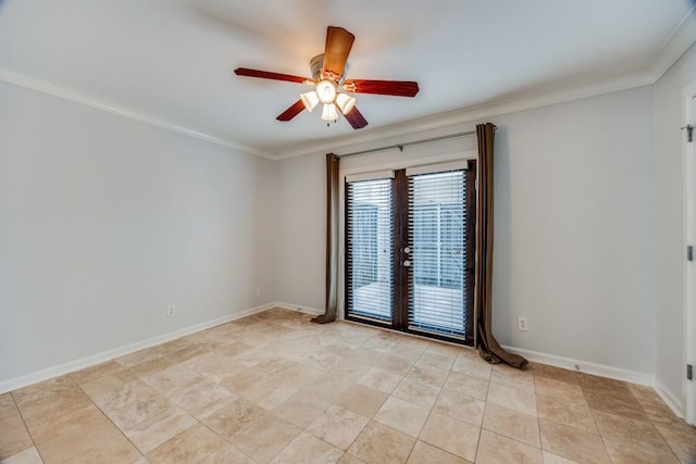 unfurnished room with ceiling fan, ornamental molding, and french doors